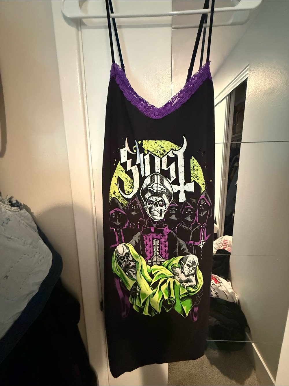Vera’s eye candy GHOST band PLUS Graphic Slip Black Dress Purple Lace Neon Green
